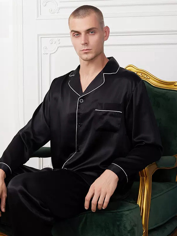Carl Washable Piped 100% Silk Men'S Pajama Set