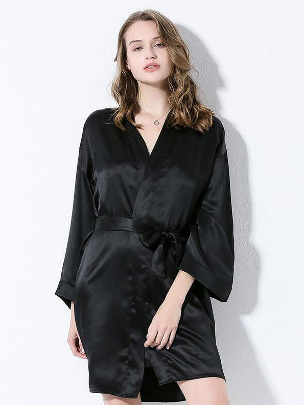 Black Long Sleeves Alluring V Neck One-piece Silk Robes